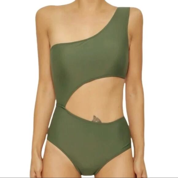 Michael Kors Army Green One Shoulder Cutout One Piece Swimsuit Size 14 - Picture 1 of 13